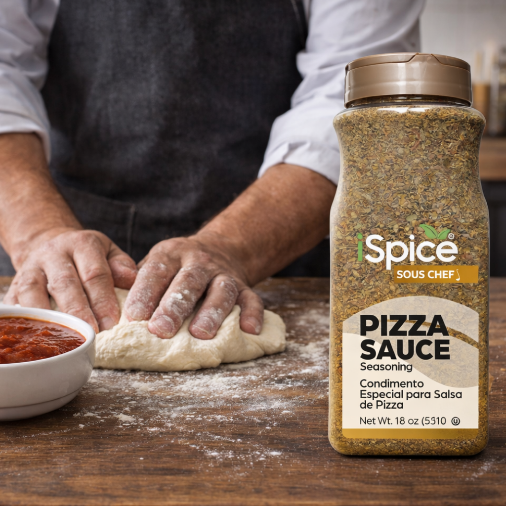 Person making pizza with a jar of 'Spice Sous Chef Pizza Sauce' seasoning on a wooden table.