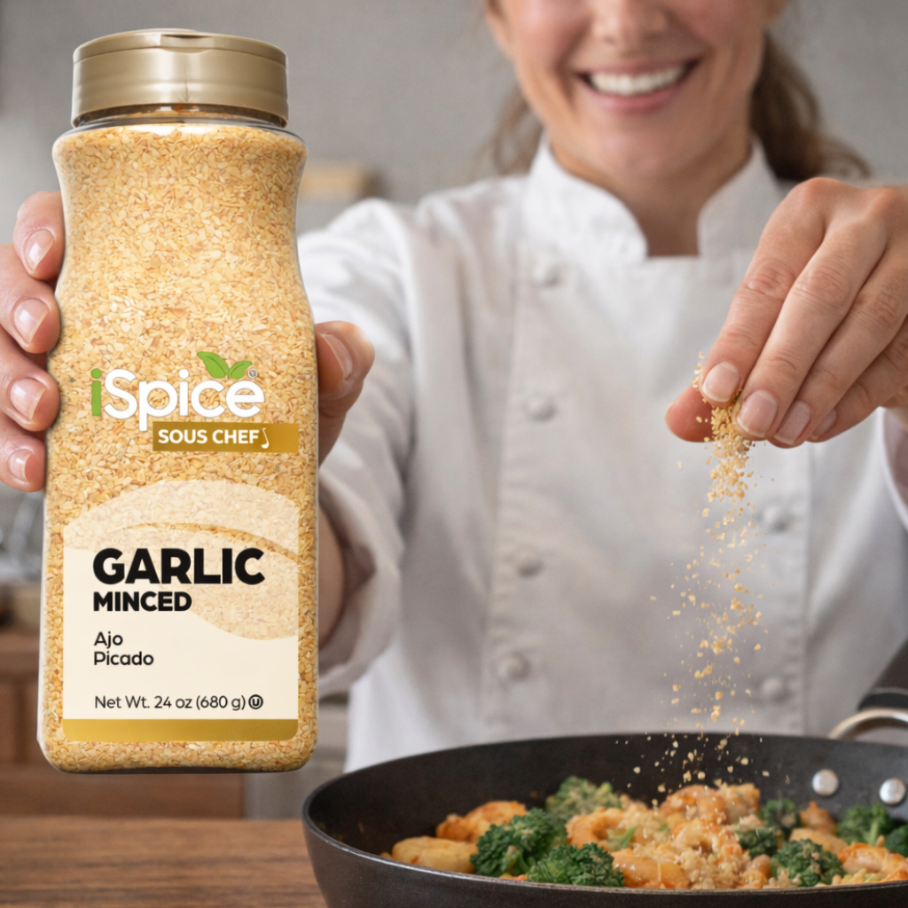 Person seasoning food with minced garlic from a 'Spice Sous Chef' container.