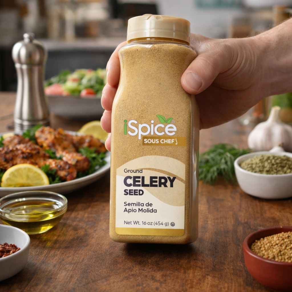 Hand holding a bottle of 'iSpice Sous Chef' celery seed on a kitchen counter with food in the background