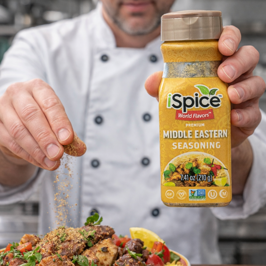 Person sprinkling Spice World Flavors Middle Eastern seasoning onto a dish