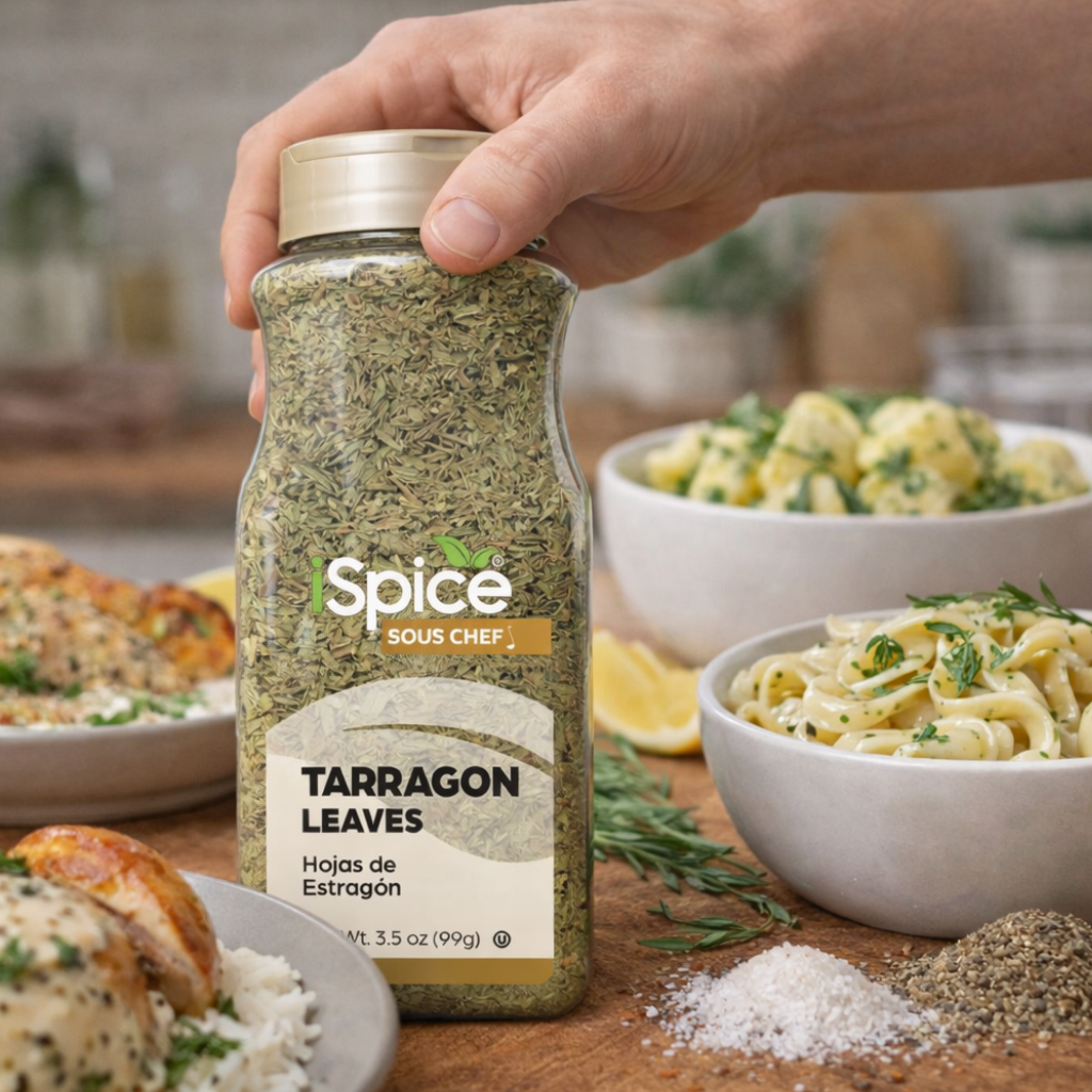 Spice bottle labeled 'Tarragon Leaves' held by a hand with a kitchen background.