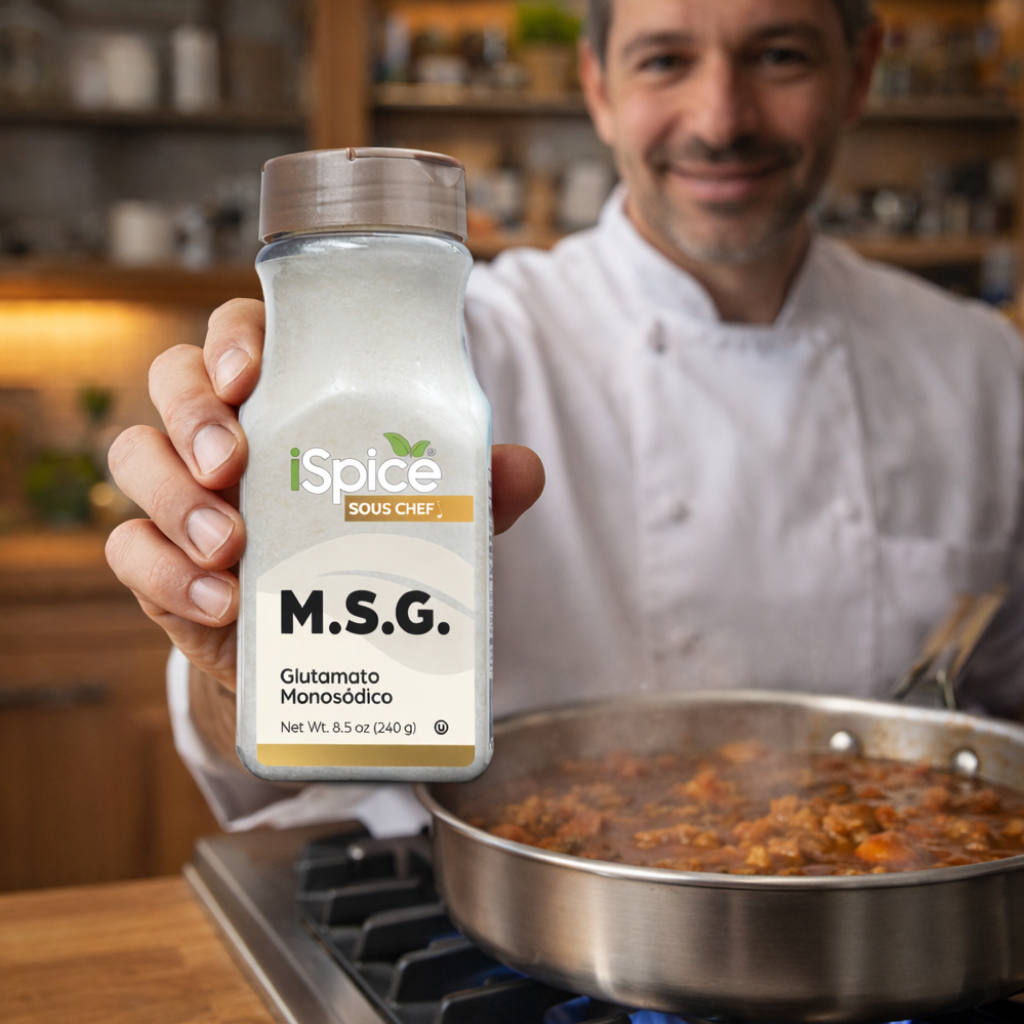 Person holding a bottle of MSG with a kitchen background