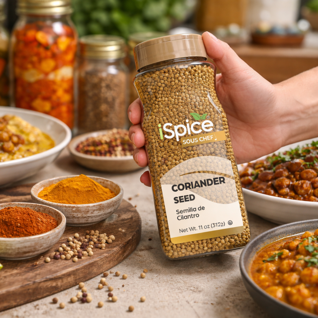 Hand holding a jar of 'Spice' coriander seed with a background of spices and food.