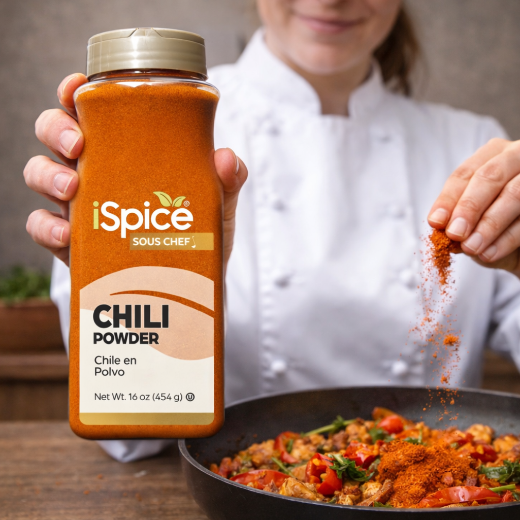 Chili powder seasoning bottle with fresh red chilies and spices arranged on rustic kitchen table