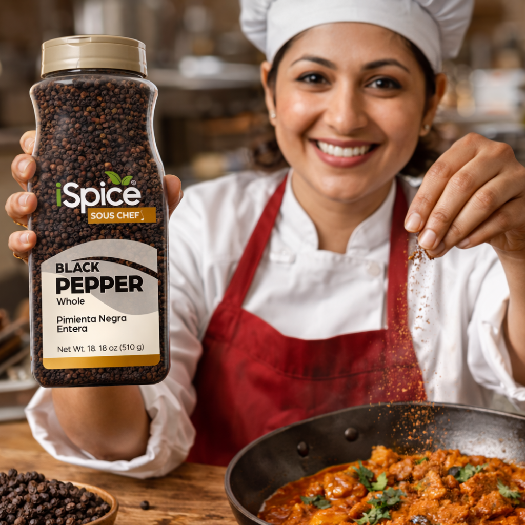 Person in chef attire holding a jar of 'Spice Sous Chef' black pepper and sprinkling it over a dish.