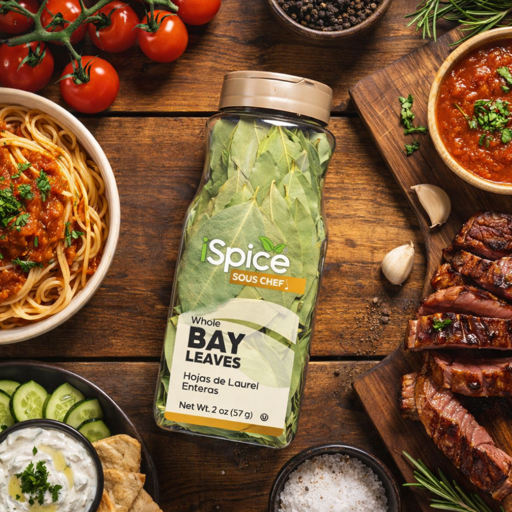 Spice Sous Chef bay leaves bottle on a wooden table with food items