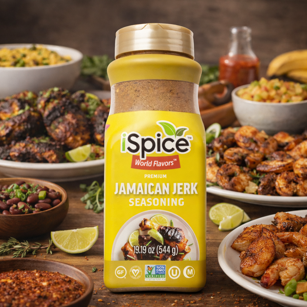 iSpice Jamaican Jerk Seasoning bottle with jerk seasoning dishes in the background