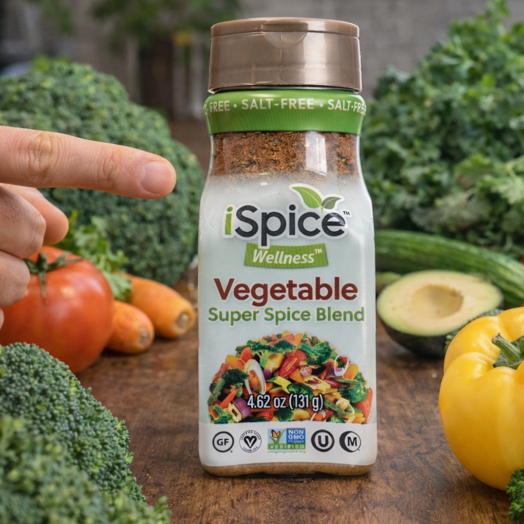 Bottle of iSpice Wellness Vegetable Super Spice Blend with vegetables in the background