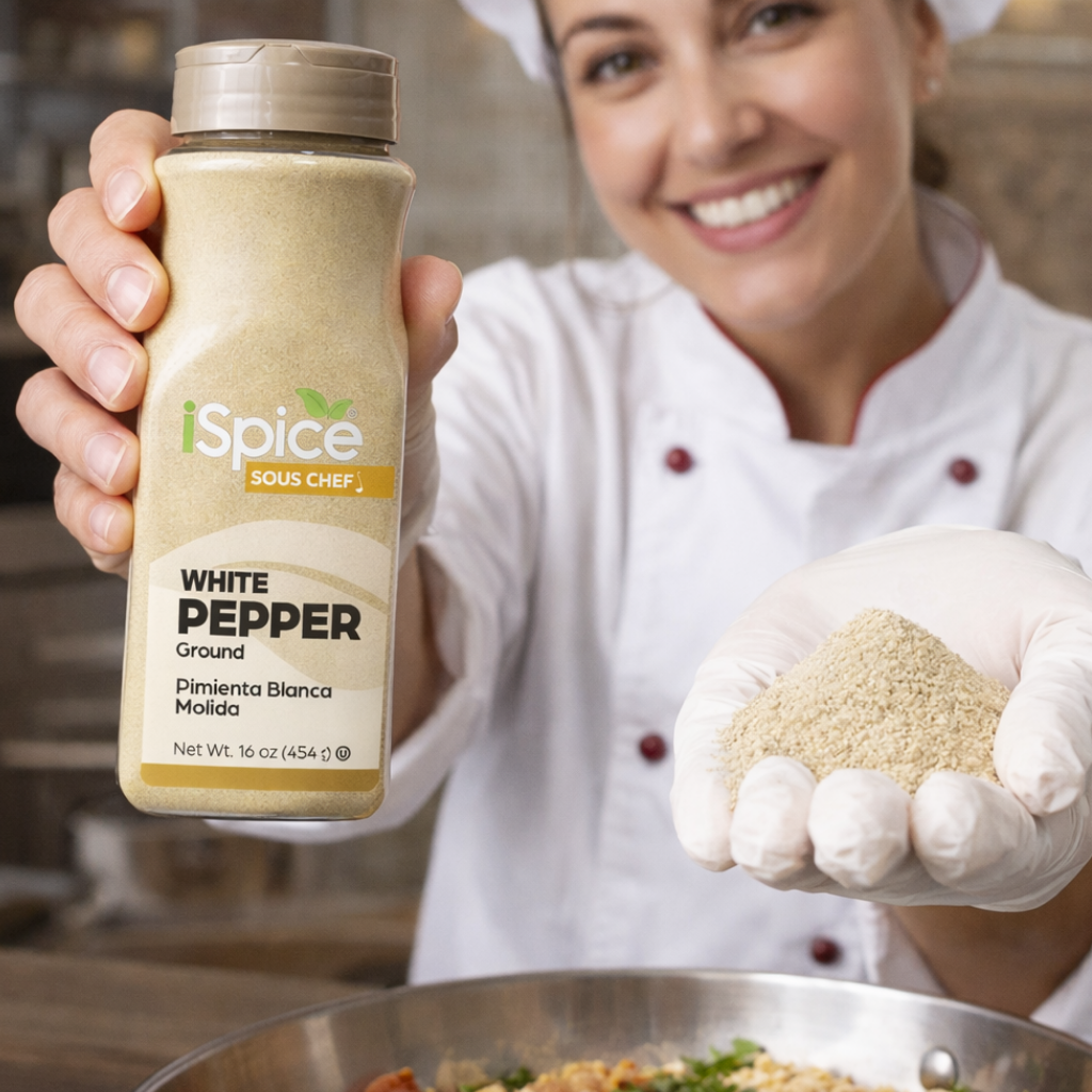 Person holding a bottle of Spice Sous Chef white pepper and showing a handful of it.
