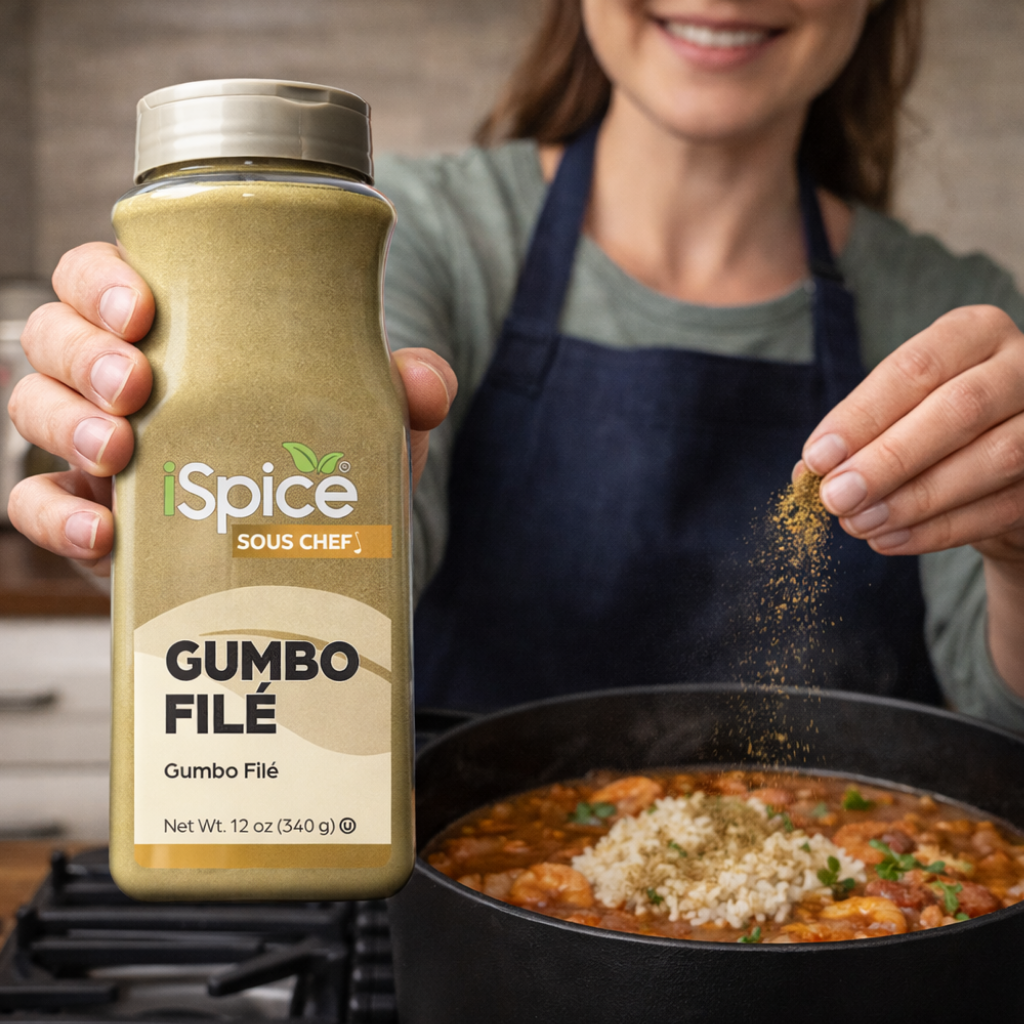 Person holding a bottle of iSpice Sous Chef Gumbo Filé seasoning over a dish of gumbo.