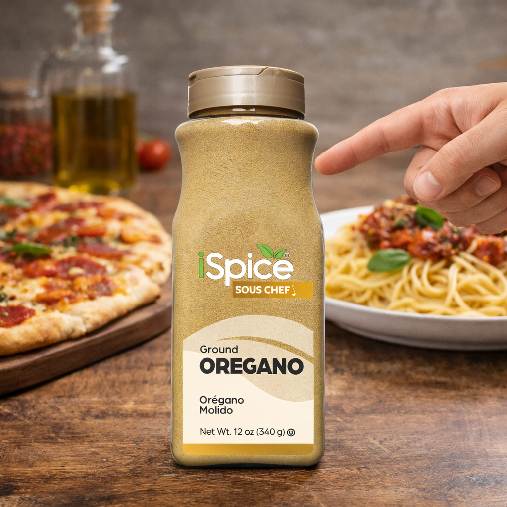Spice bottle labeled 'iSpice Sous Chef' with a hand reaching towards it, set against a backdrop of pizza and pasta.