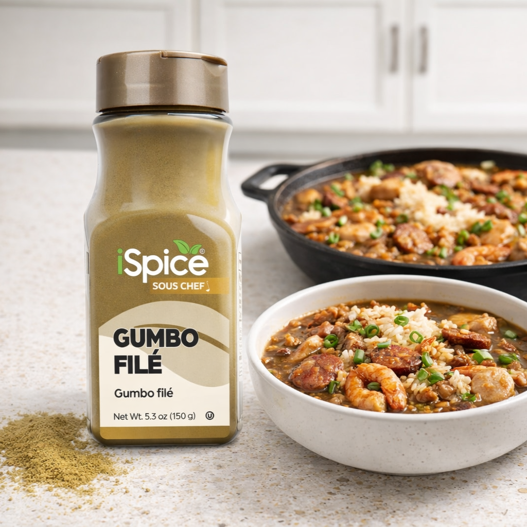 Spice Sous Chef Gumbo File seasoning bottle with a bowl of gumbo and skillet in the background.