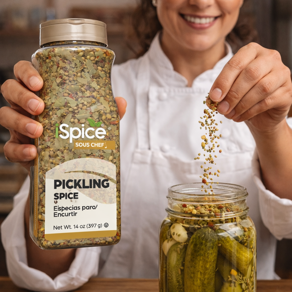 Person holding a jar of 'Spice Sous Chef' pickling spice and sprinkling it over pickles.