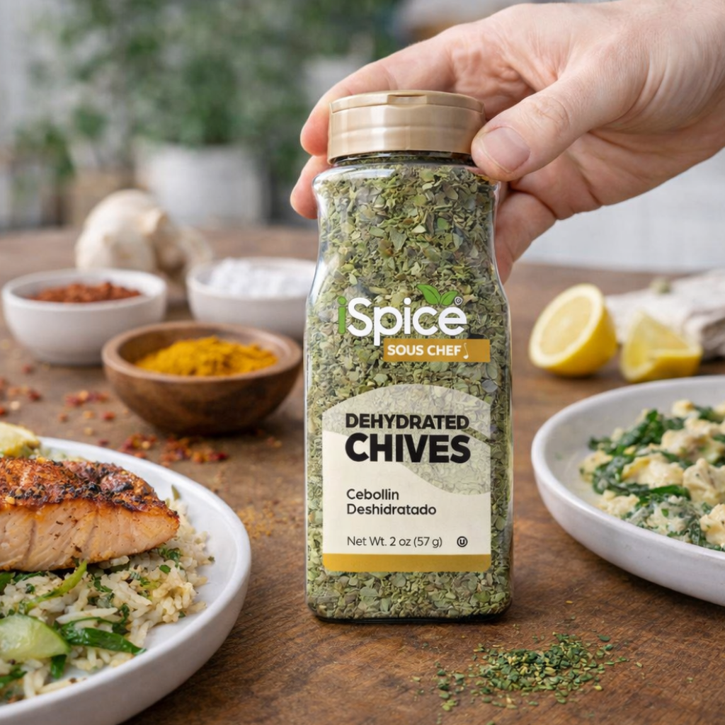 Hand holding a bottle of Spice Sous Chef dehydrated chives with a kitchen setting in the background.