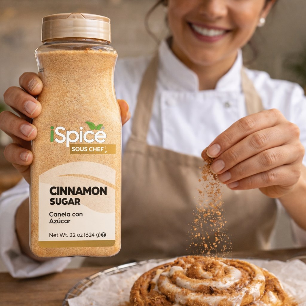 Person sprinkling cinnamon sugar from a 'Spice Sous Chef' jar onto a pastry.