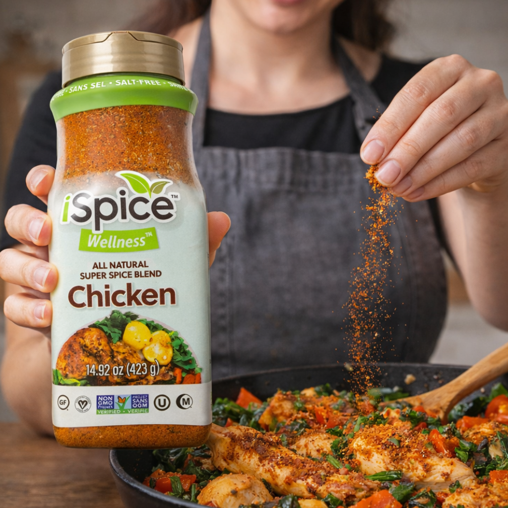 Person seasoning food with a bottle of 'Spice Wellness' Chicken spice blend.