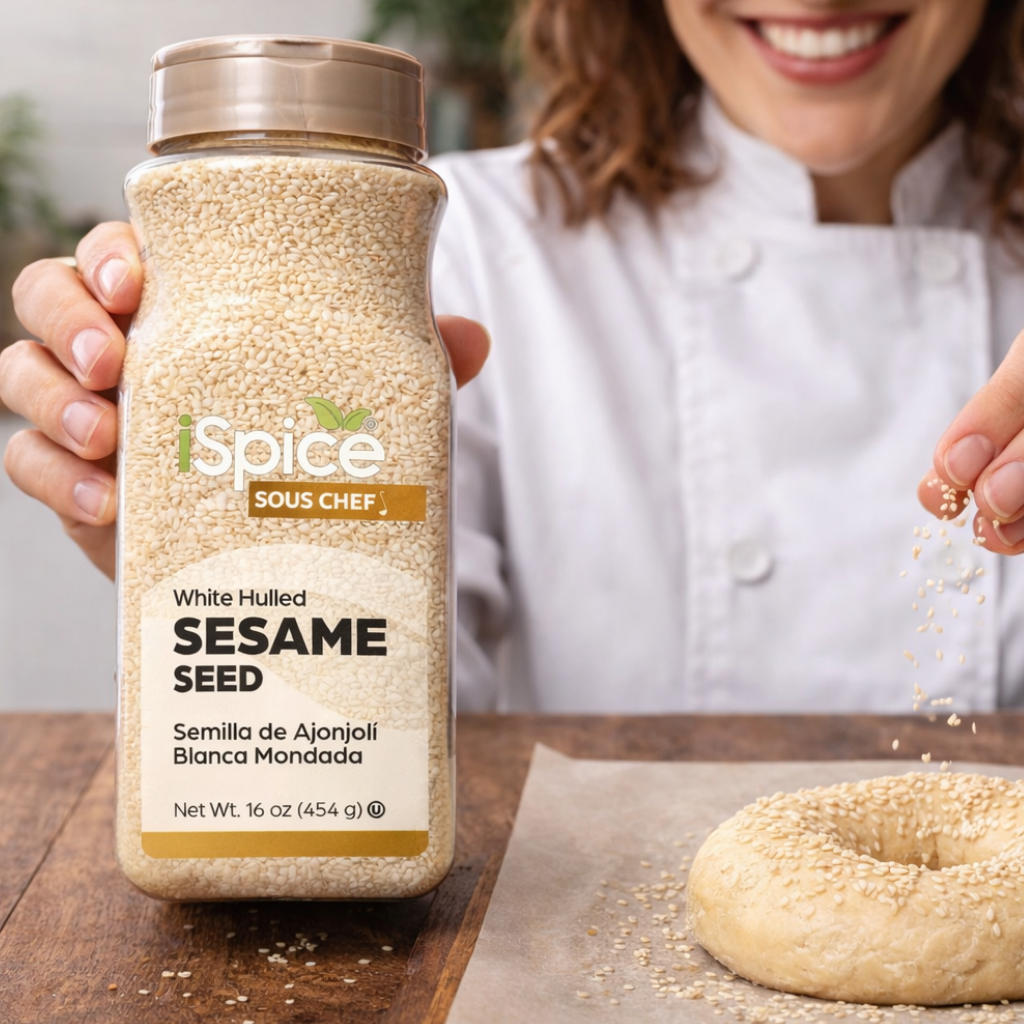 Person in a chef's coat holding a jar of 'iSpice' sesame seed with a bagel being sprinkled with seeds.
