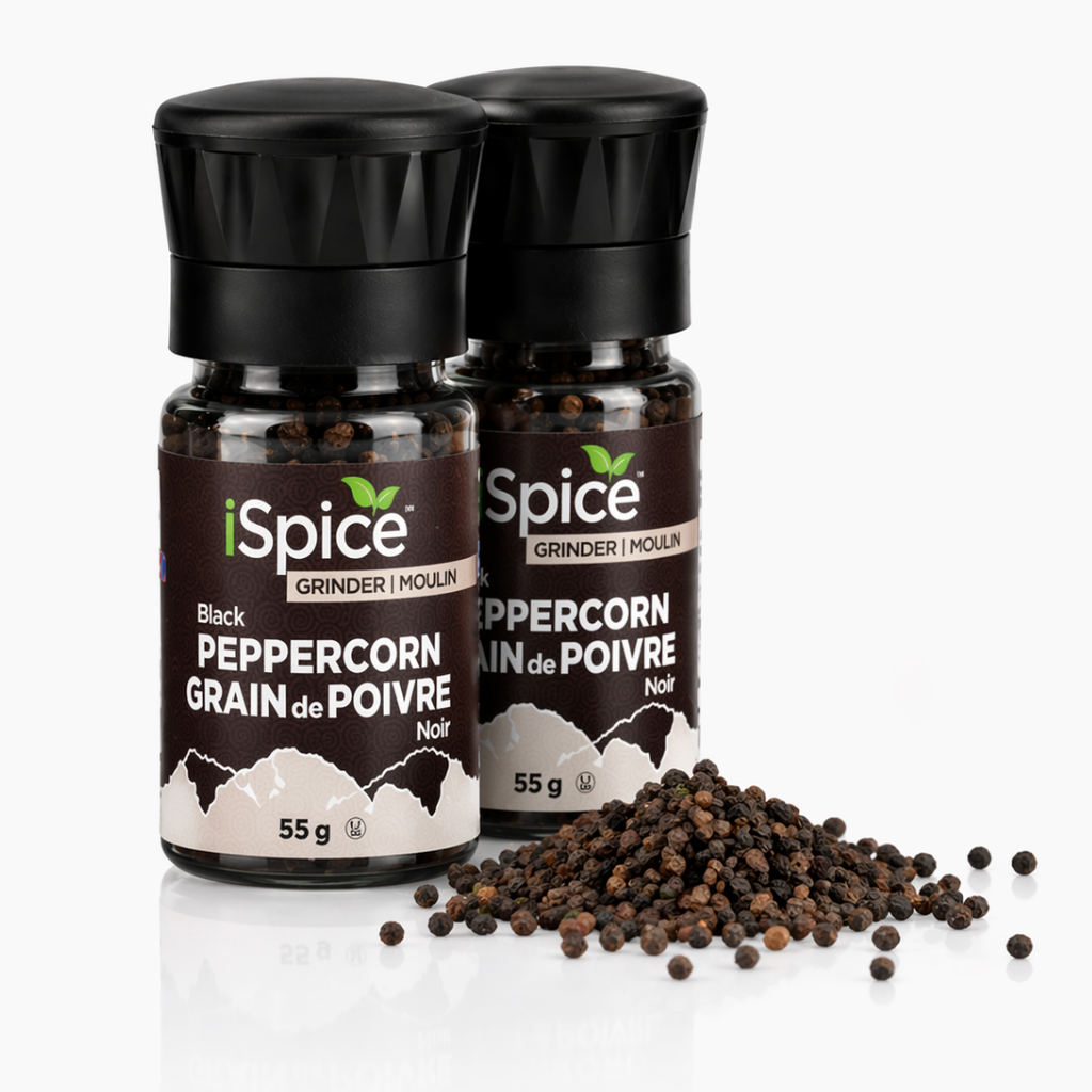 Two bottles of iSpice black peppercorn grinder with peppercorns on a white background