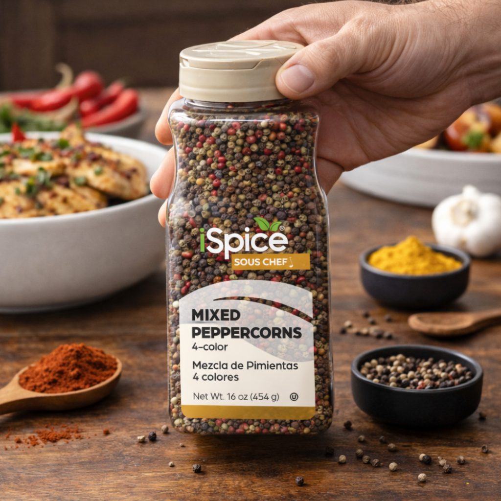 Hand holding a jar of 'iSpice Sous Chef' mixed peppercorns with a kitchen setting in the background.