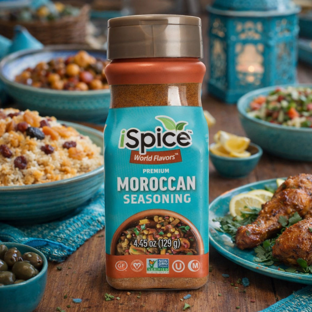 Bottle of Spice World Flavors Moroccan seasoning with a background of food dishes.