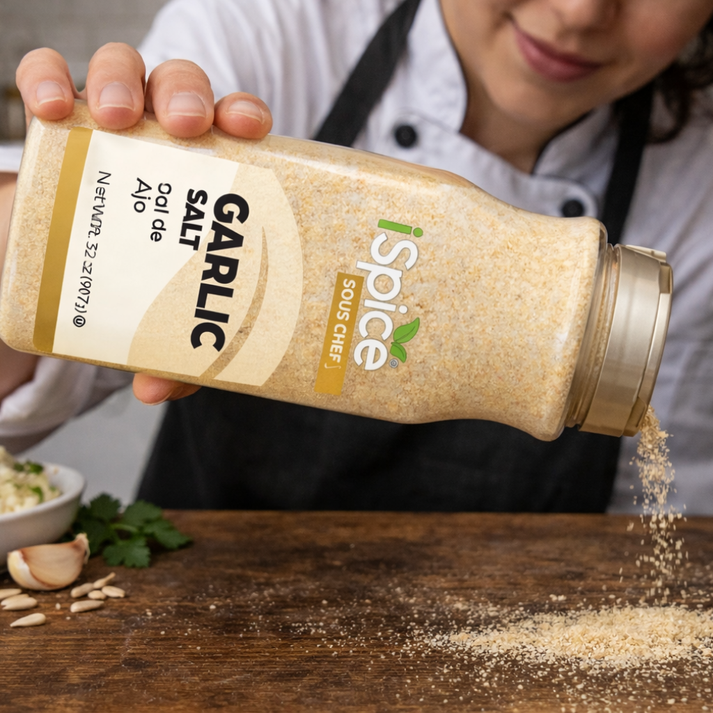 Person sprinkling garlic salt from a 'iSpice' container on a wooden surface.