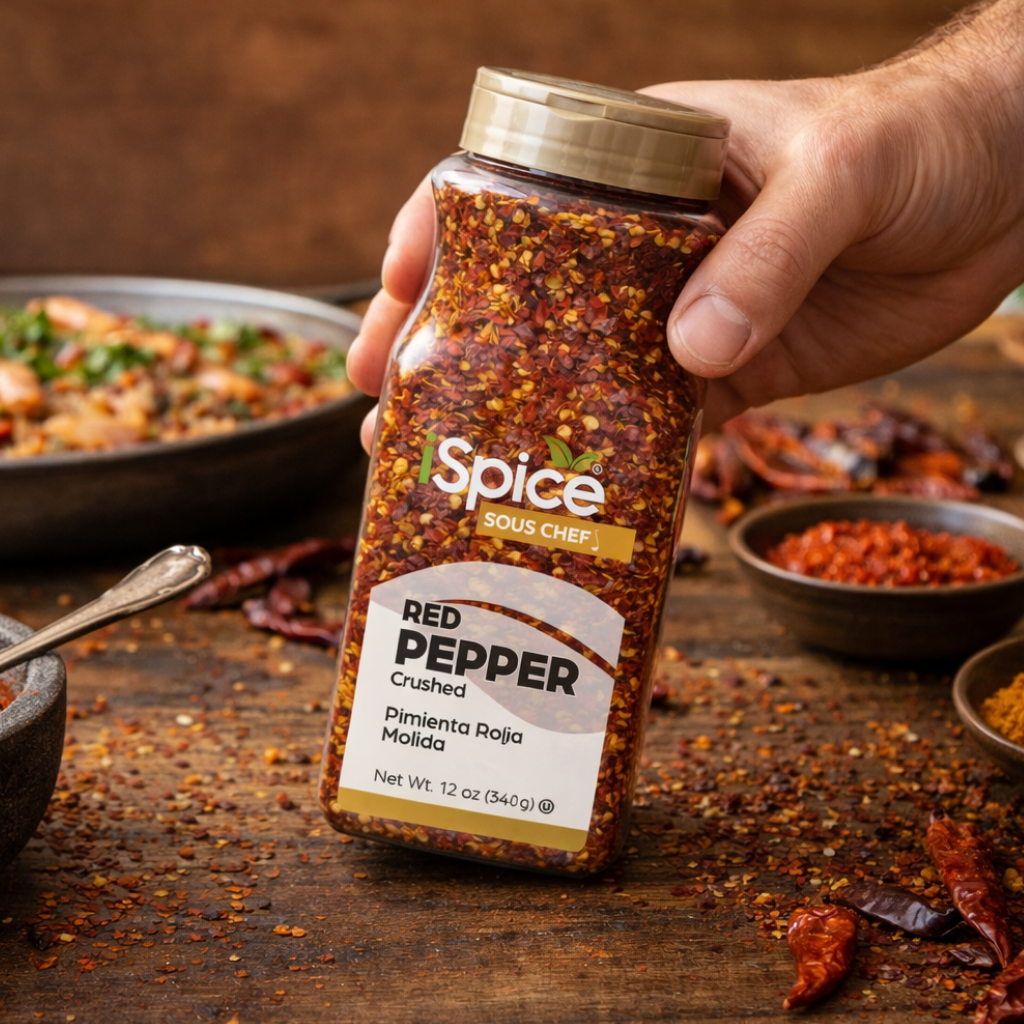 Hand holding a jar of 'Red Pepper Crushed' by Spice Sous Chef on a wooden surface with spices in the background.