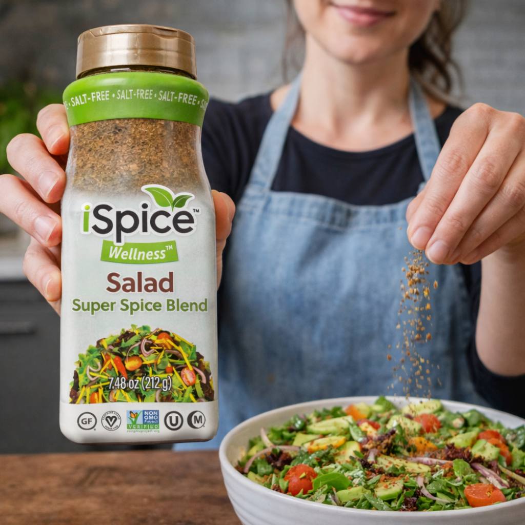 Person holding a bottle of iSpice Wellness Salad Super Spice Blend over a salad.