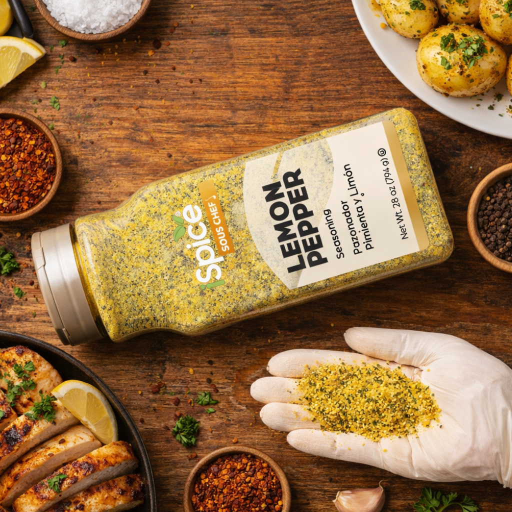 Spice Classics Lemon Pepper seasoning bottle on a wooden table with food and hands holding the seasoning.