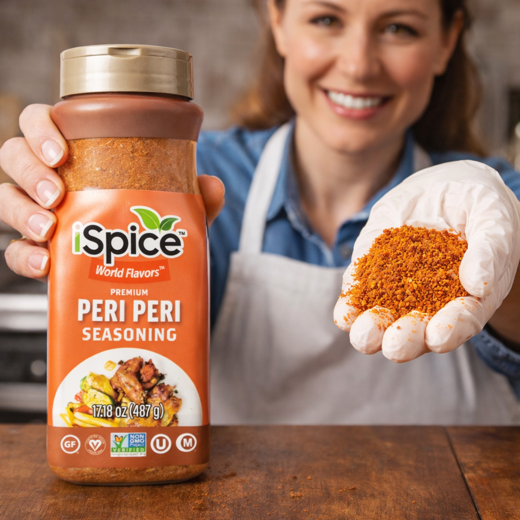 Person holding a bottle of iSpice Peri Peri seasoning with a close-up of the seasoning in their hand.