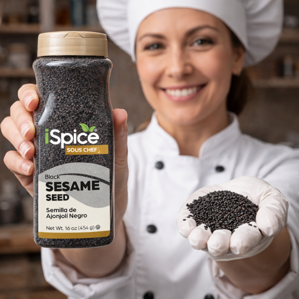 Person in a chef's outfit holding a bottle of iSpice Black Sesame Seed and a small bowl of sesame seeds.