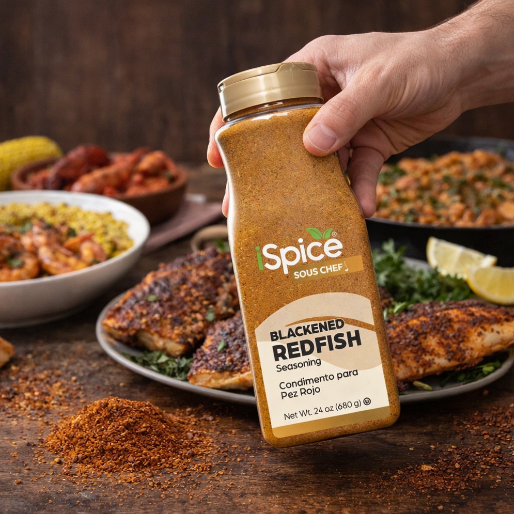 Hand holding a bottle of Spice Sous Chef Blackened Redfish seasoning with a background of cooked fish and vegetables.