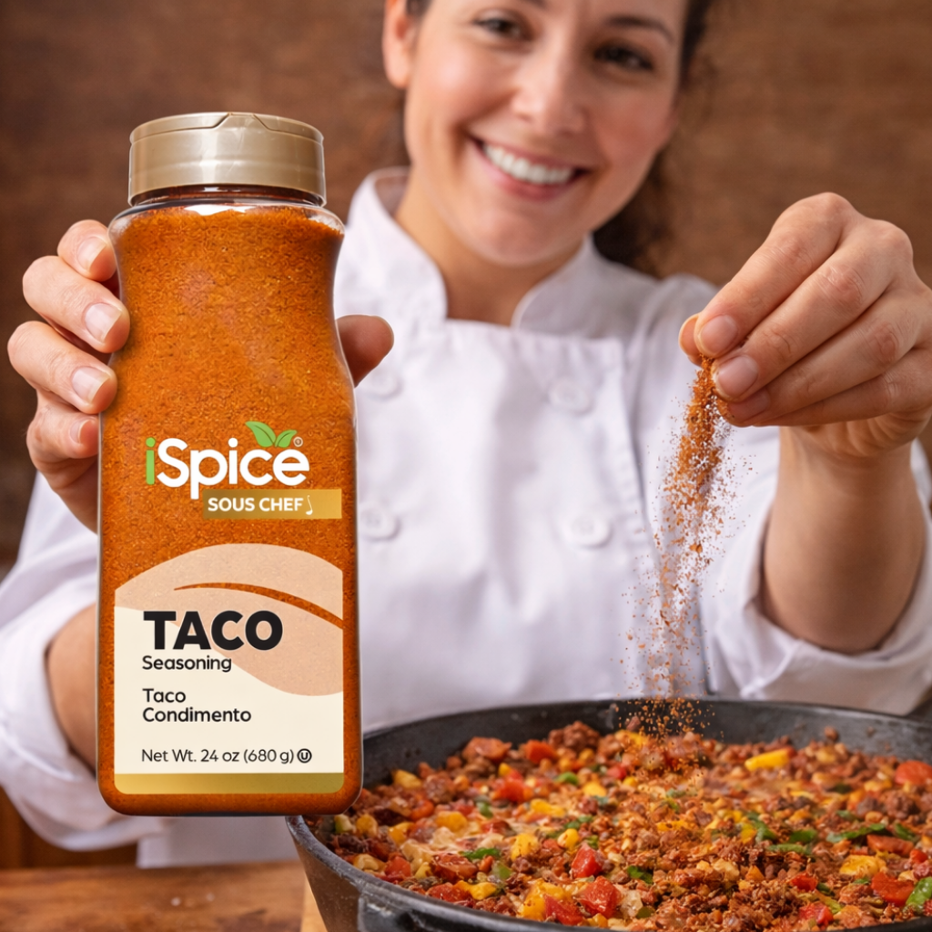 Hand picking up taco seasoning bottle from table with tacos and spices in background