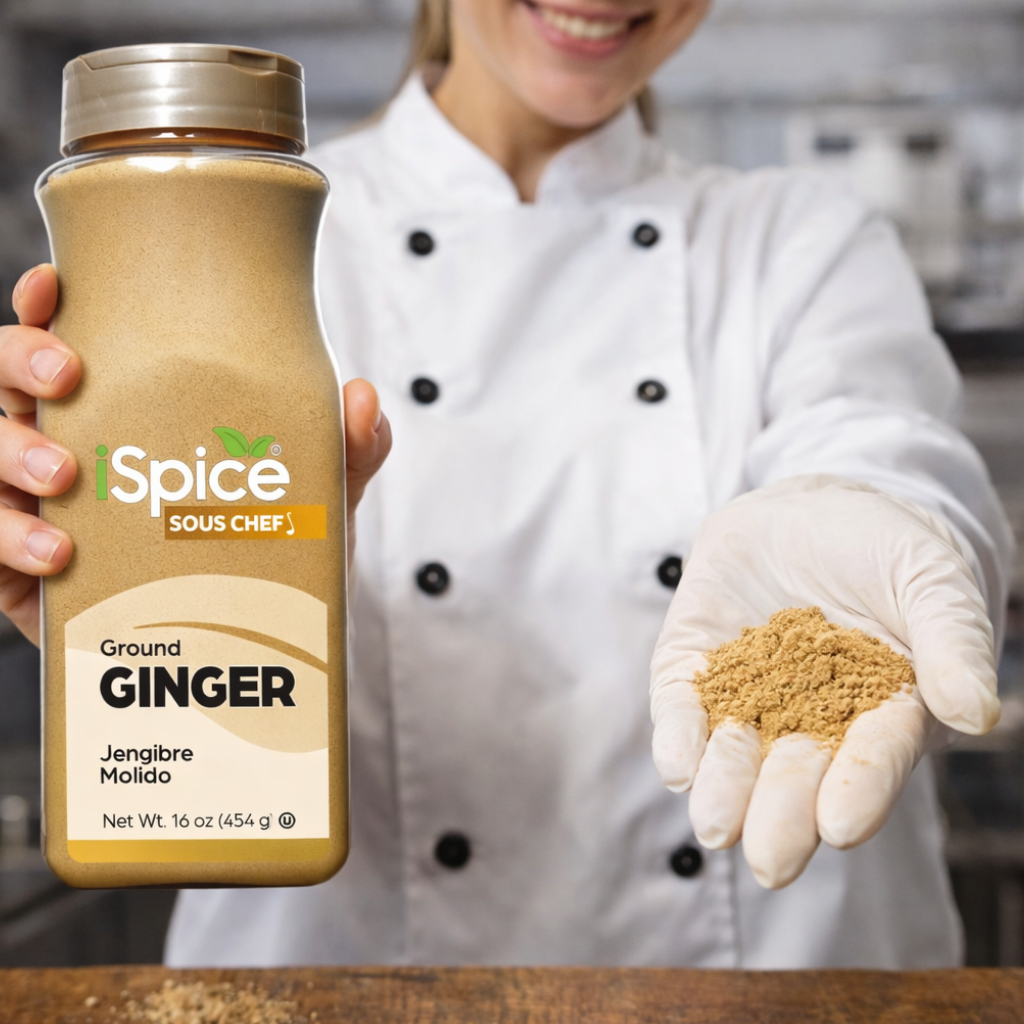 Person holding a jar of 'Spice Sous Chef' ground ginger with a scoop of ginger powder.