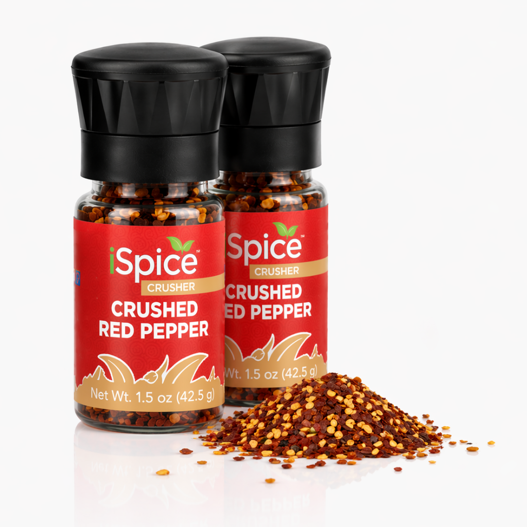 Two bottles of 'i Spice' crushed red pepper with a pile of pepper on a white background.