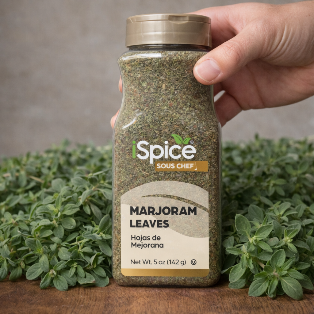 Hand holding a jar of Spice Sous Chef Marjoram Leaves with marjoram plants in the background.