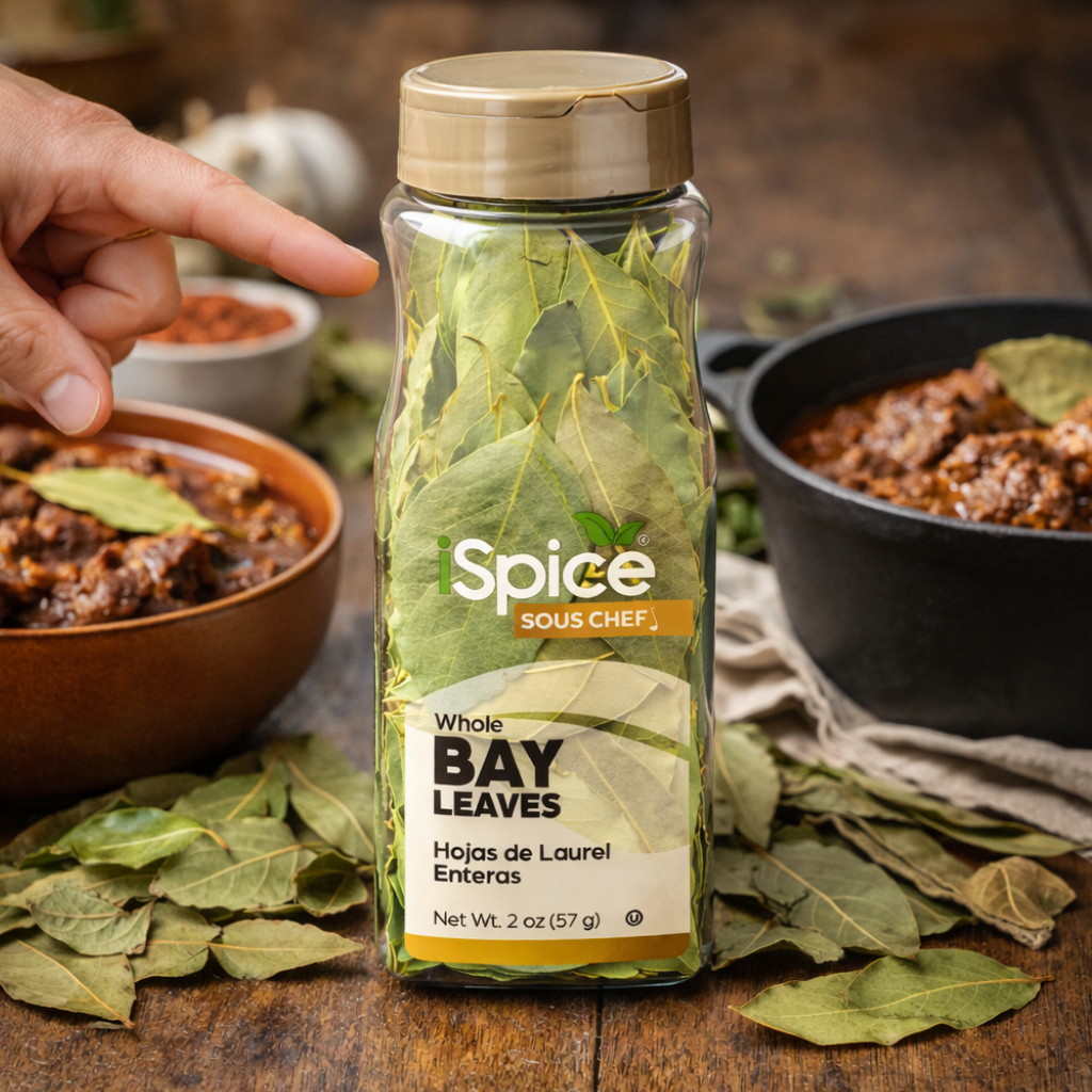 Bottle of Spice Sous Chef whole bay leaves with a hand pointing to it, surrounded by cooking ingredients on a wooden surface.
