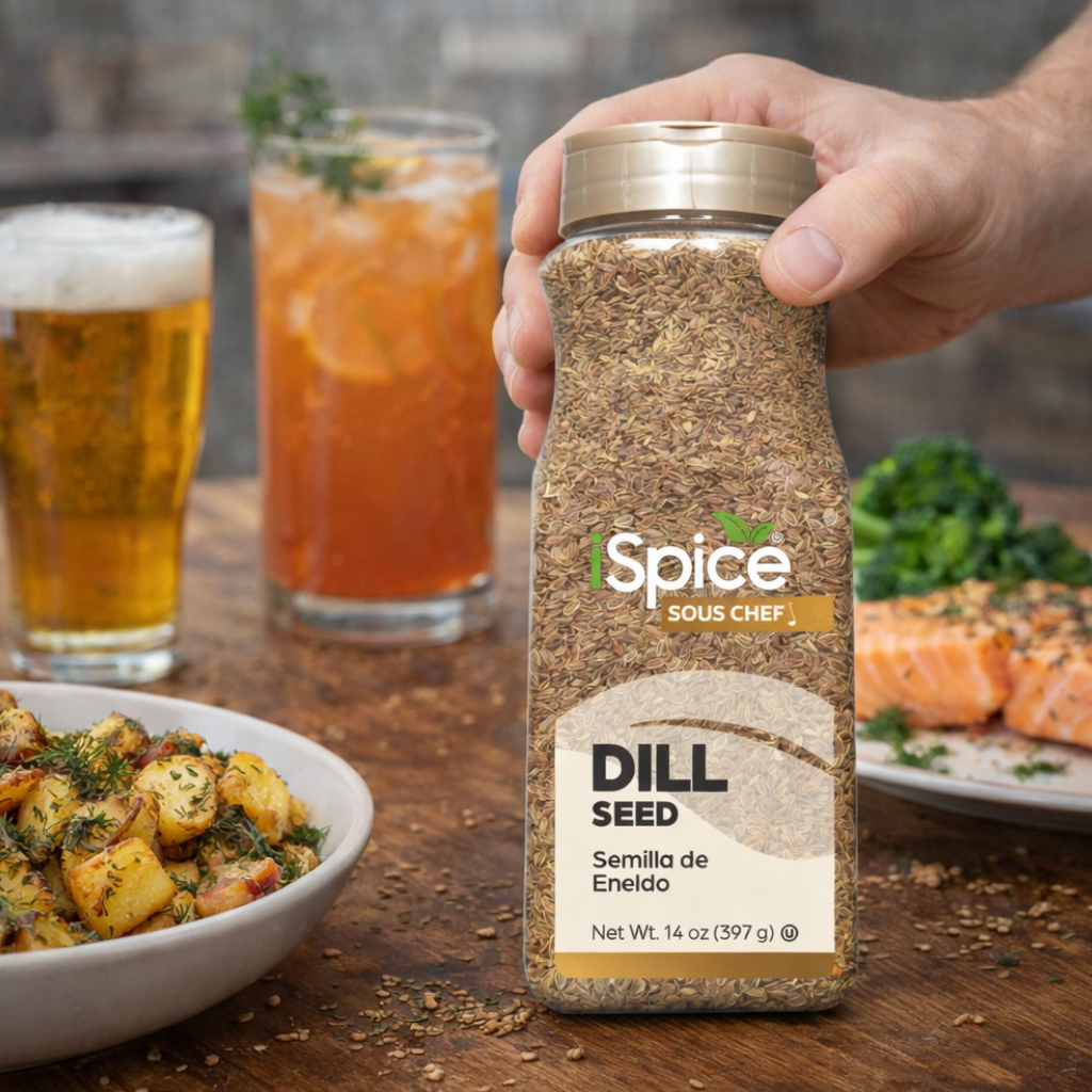 Hand holding a bottle of Spice Sous Chef dill seed with food and drinks in the background
