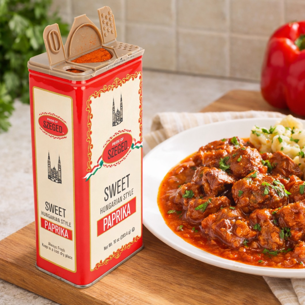 Red and white can of Sweet Hungarian Style Paprika next to a plate of paprika-flavored meat dish.