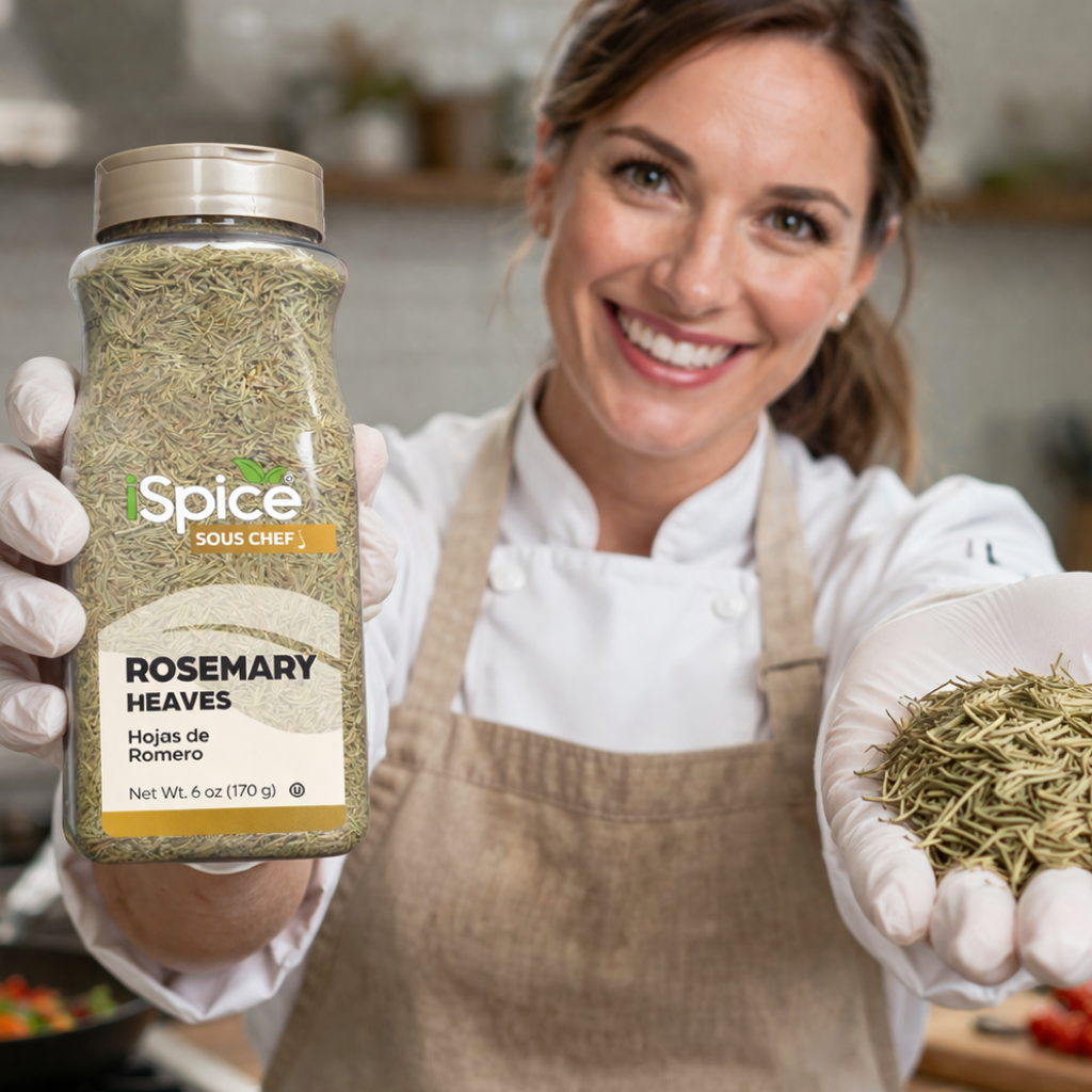 Woman holding a jar of 'Spice' rosemary and a handful of rosemary leaves in a kitchen setting.