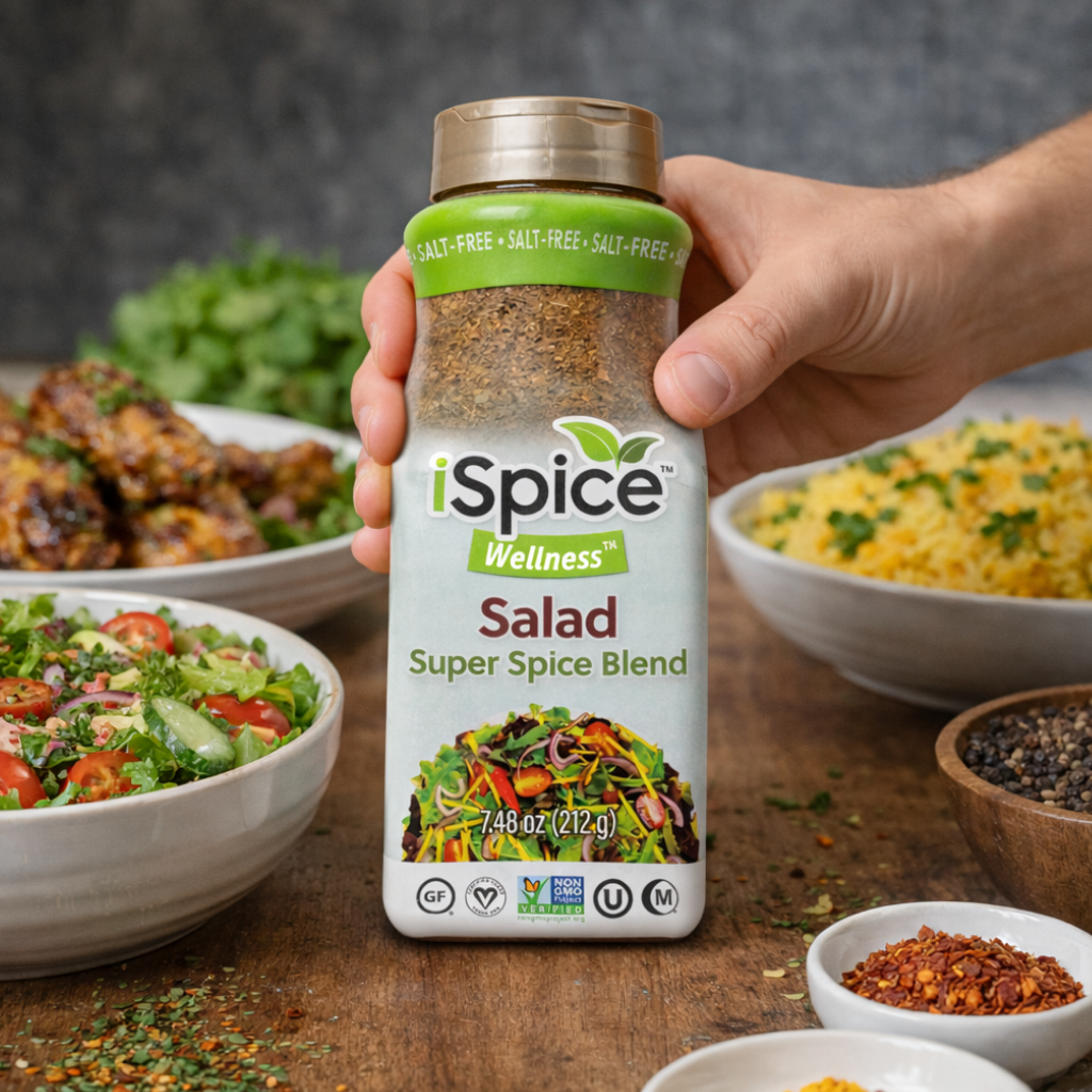 Hand holding a bottle of iSpice Wellness Salad Super Spice Blend with food in the background