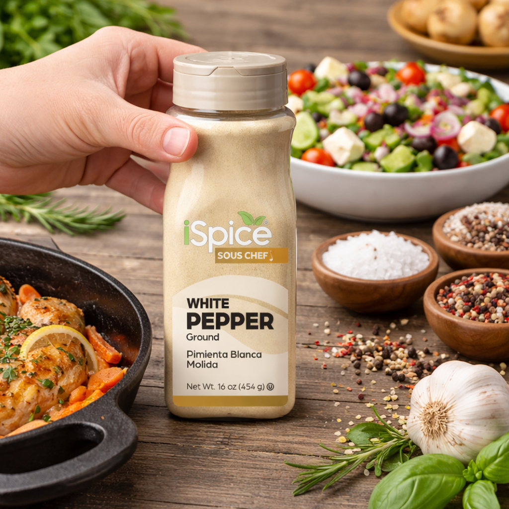Spice Sous Chef white pepper bottle on a wooden table with food and spices in the background