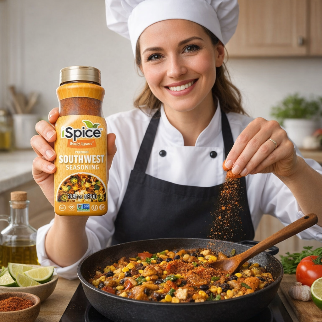Woman in a kitchen adding Spice World Southwest seasoning to a dish