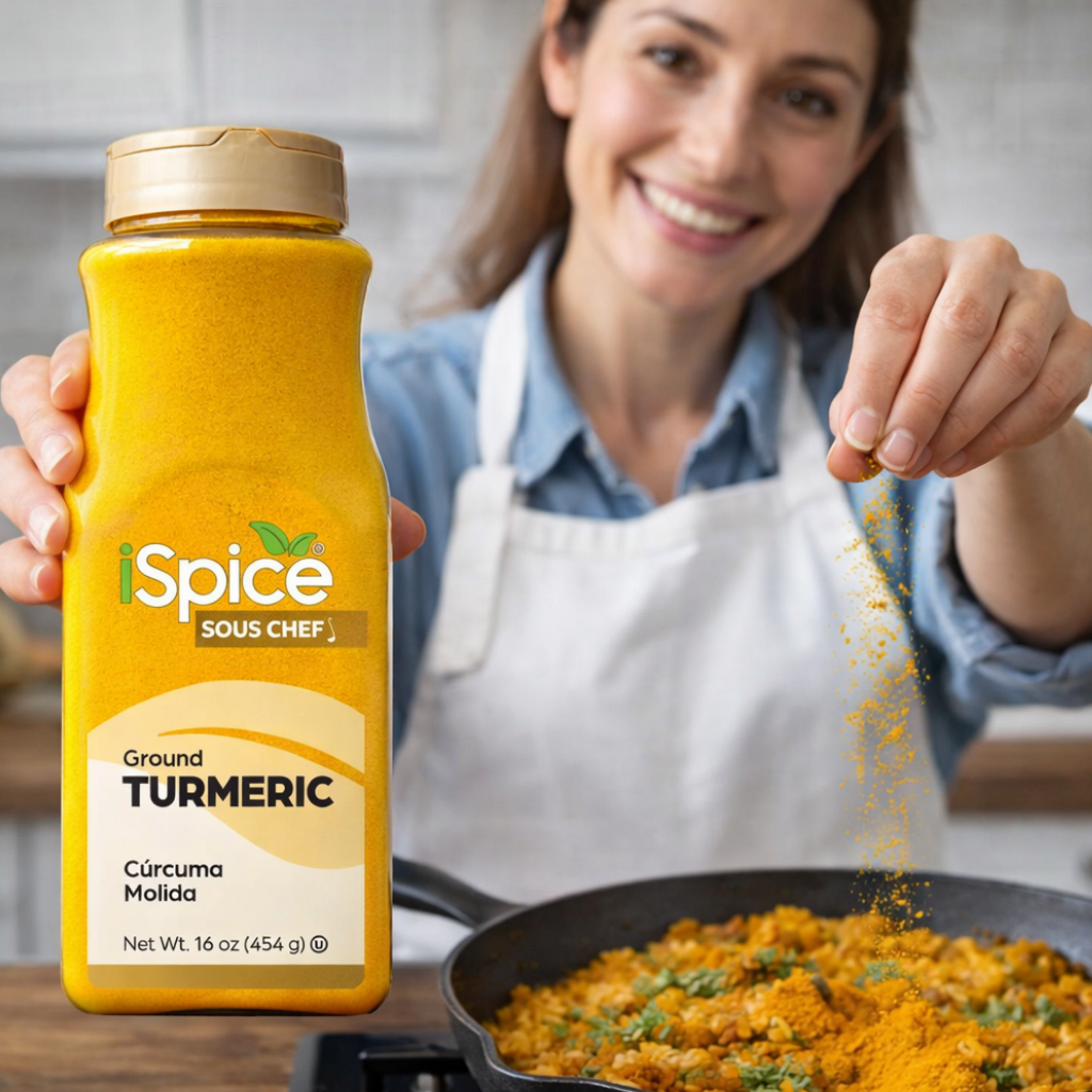 Woman in a kitchen pouring spice into a dish with a bottle of iSpice Ground Turmeric.