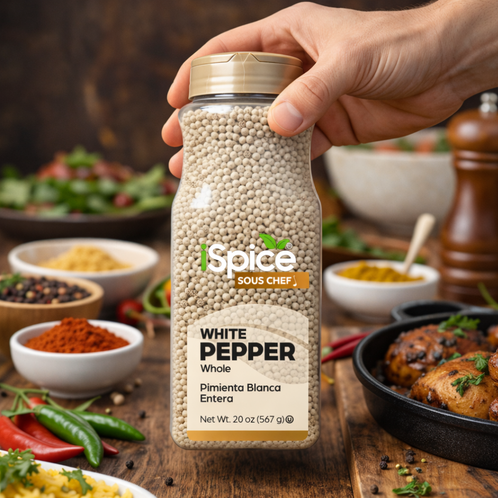 Hand holding a bottle of 'Spice Sous Chef' white pepper on a wooden table with spices and food in the background.