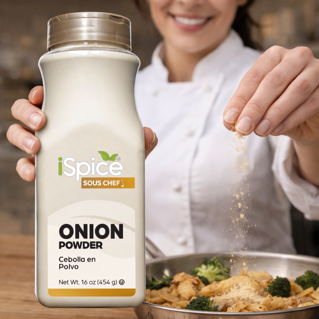 Person sprinkling onion powder from a 'iSpice Sous Chef' container into a dish.