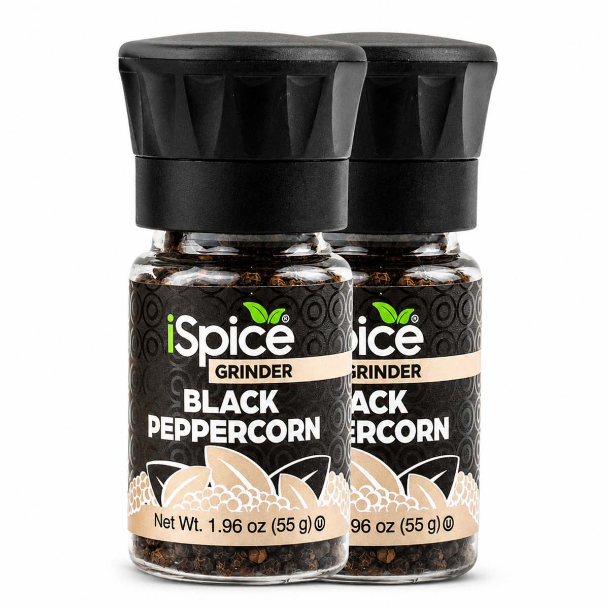 Two clear glass spice grinders with black lids and black labels reading iSpice Grinder Black Peppercorn, shown on a white background.