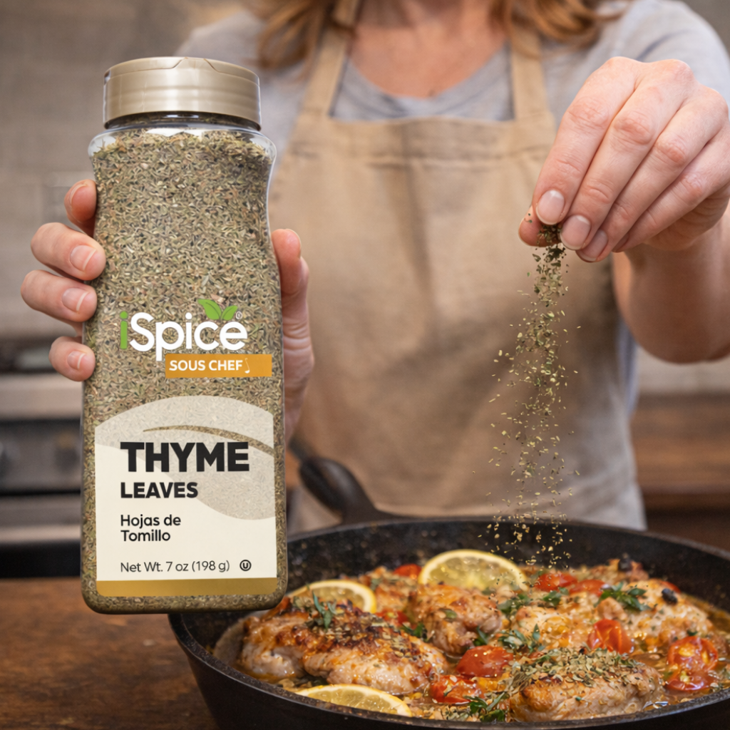 Person seasoning food with thyme leaves from a Spice Sous Chef container.
