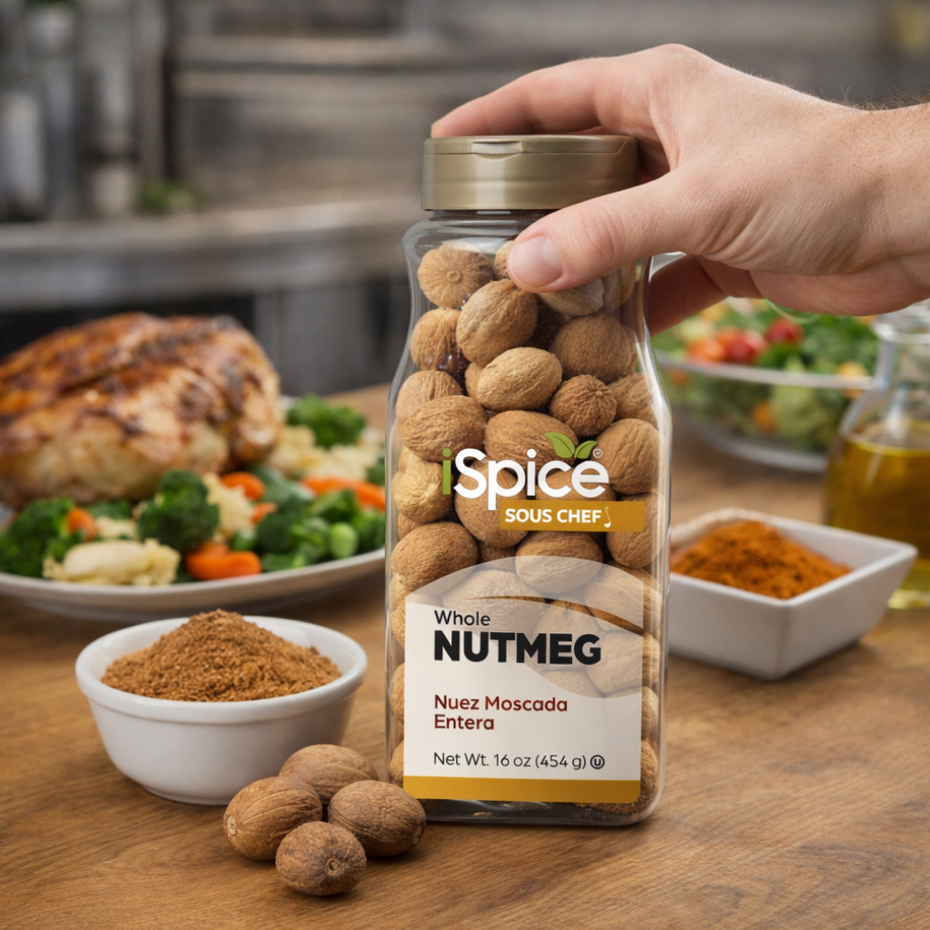 Spice Sous Chef whole nutmeg jar held by a hand with a kitchen background