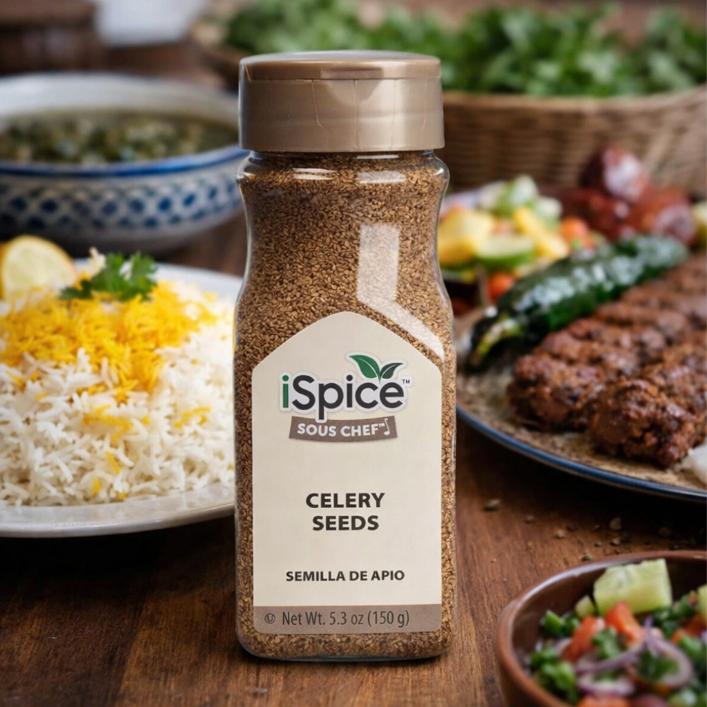 Bottle of iSpice celery seeds with a culinary background