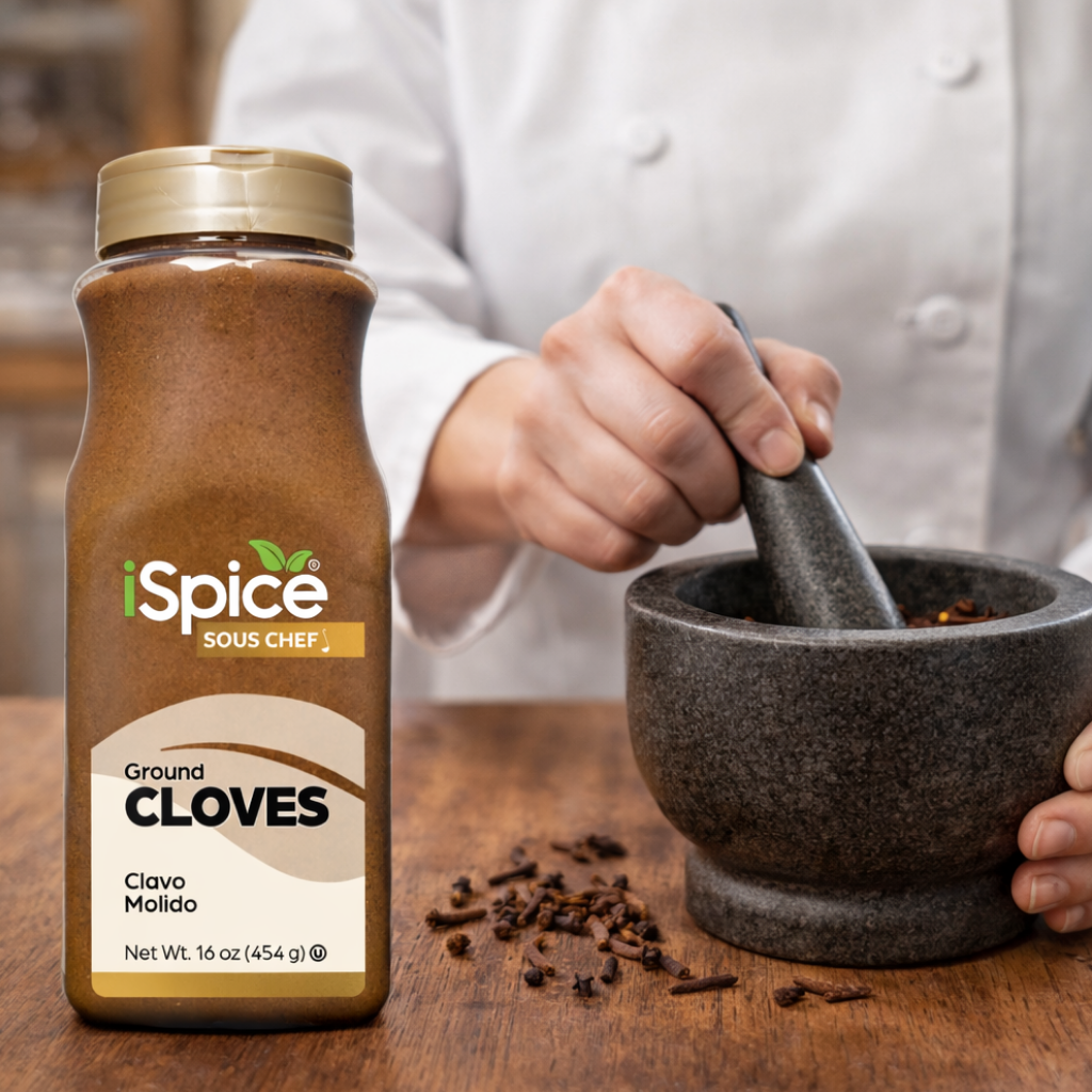 iSpice Ground Cloves bottle with a person using a mortar and pestle on a wooden surface.